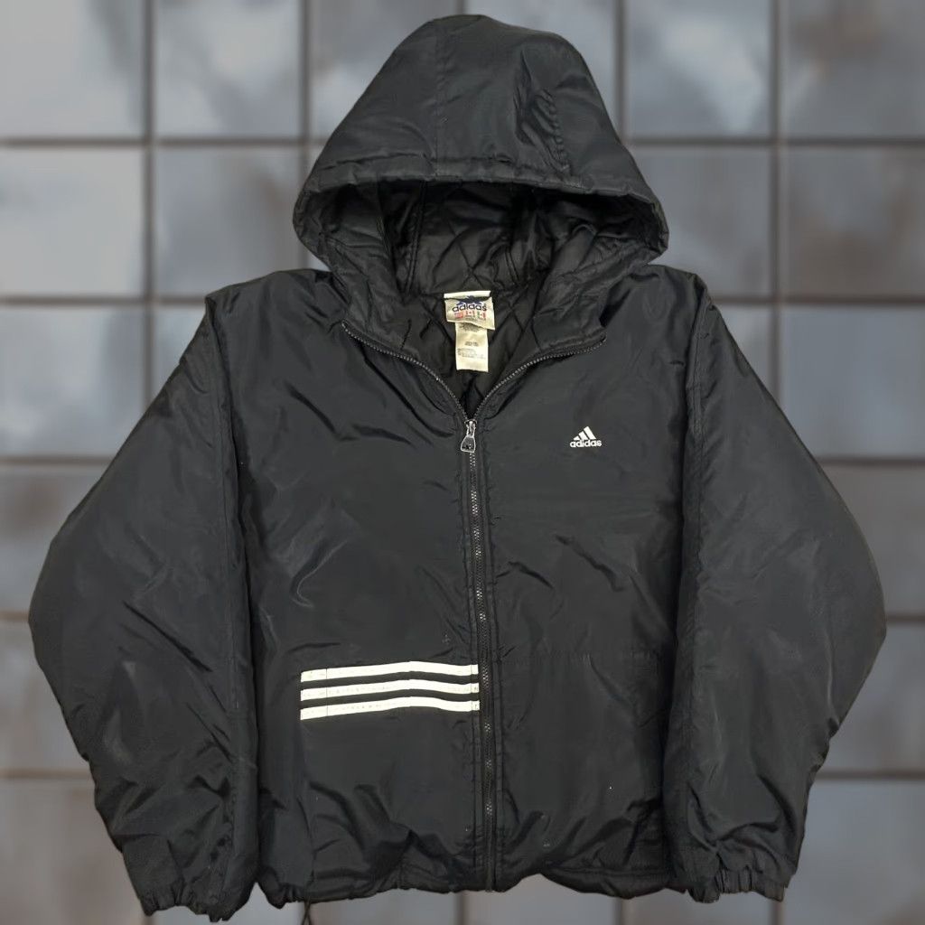 VINTAGE Adidas Jacket Mens Medium Black Hooded Insulated Full Zip Puffer Coat