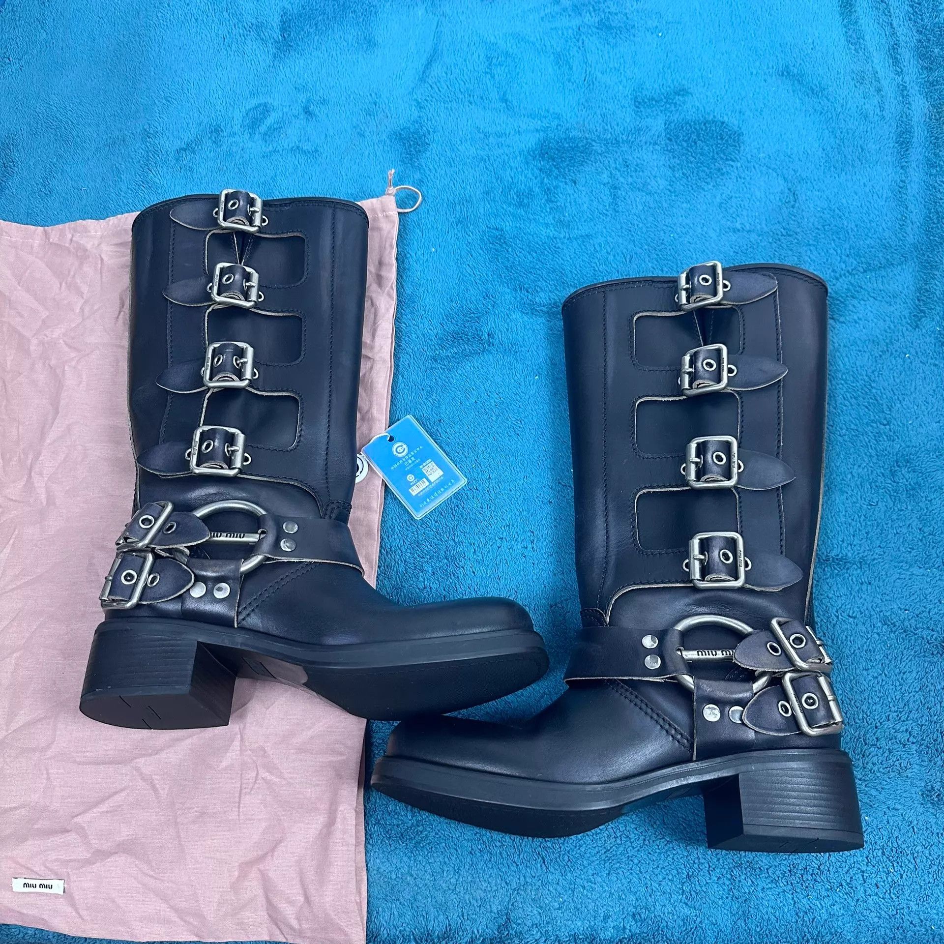 Miu Miu MIU MIU Leather Knee-High Boots Metal Buckle Black Size38 Size US 7.5 / IT 37.5 - 2 Thumbnail