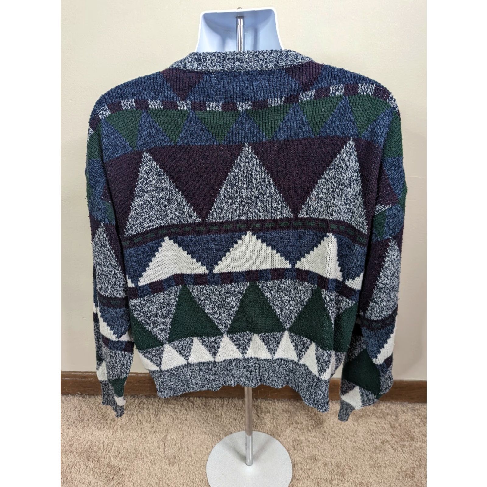 Vintage VINTAGE Campus Geometric V-Neck Cardigan Sweater Mens M Blue 80s Leather Trim S4C Size US M / EU 48-50 / 2 - 3 Thumbnail