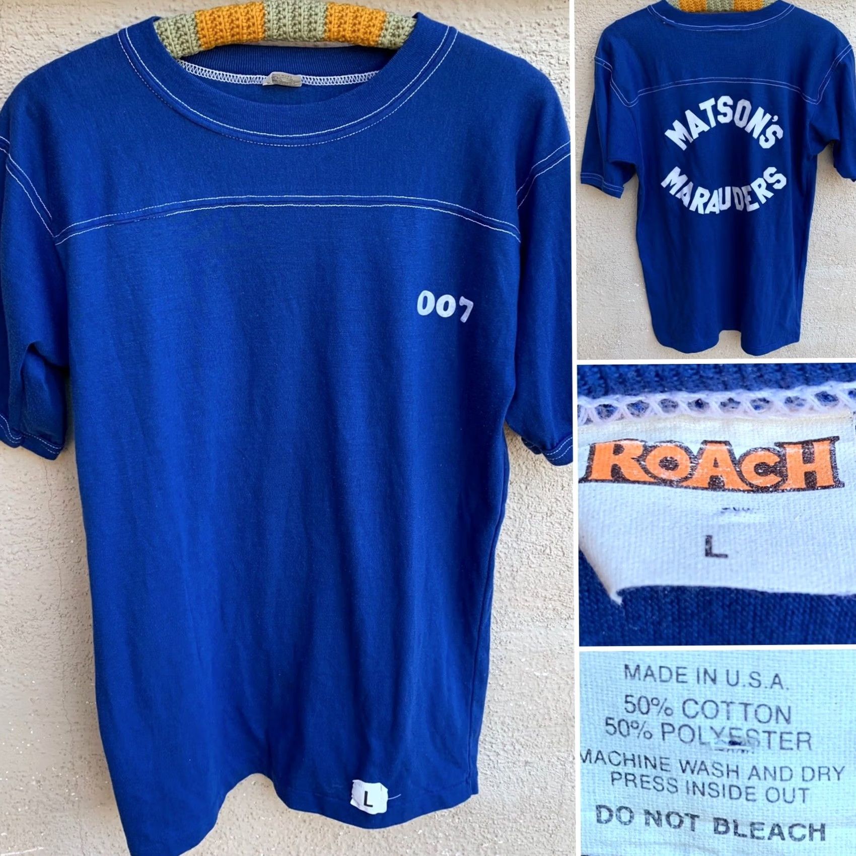 Vintage VINTAGE Roach Jersey Style T Shirt Men L Blue 70s 80s Matson’s Marauder’s Iron On O07 Roach Sportswear/Beach Shirt Mens Size US L / EU 52-54 / 3 - 2 Thumbnail