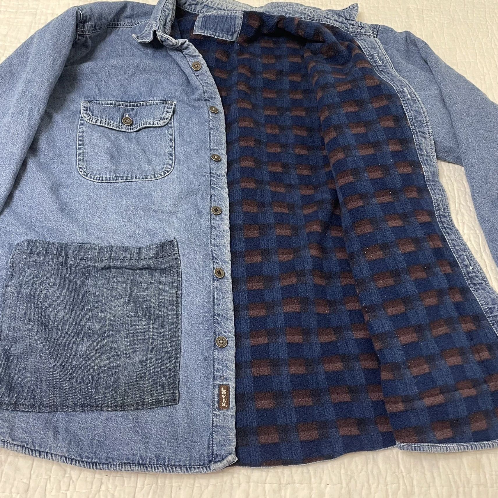 Levi's VINTAGE Levi's Trucker Jacket Denim Plaid Lined Blanket Fleece Large Size L Unisex Adults Blues USA 90s Grunge Customized Size US 33 - 7 Thumbnail