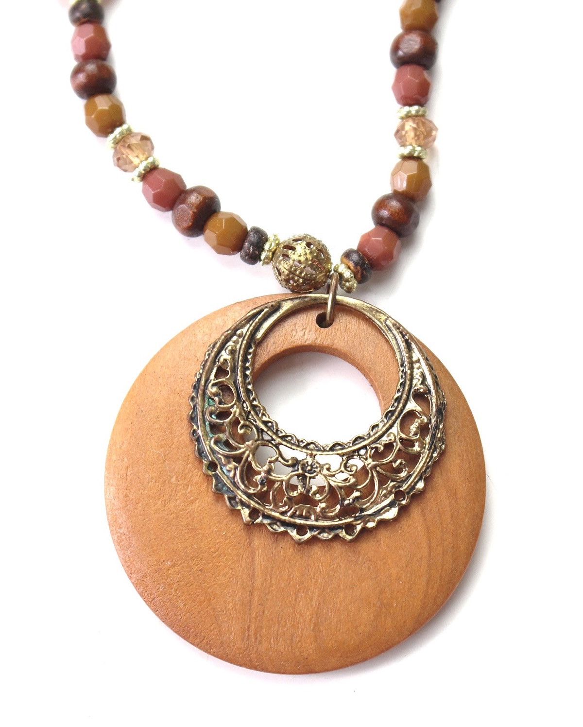 Vintage 2000S JAPANESE BOHO WOOD & BEAD NECKLACE WITH BRASS CRESCENT Size ONE SIZE - 2 Thumbnail
