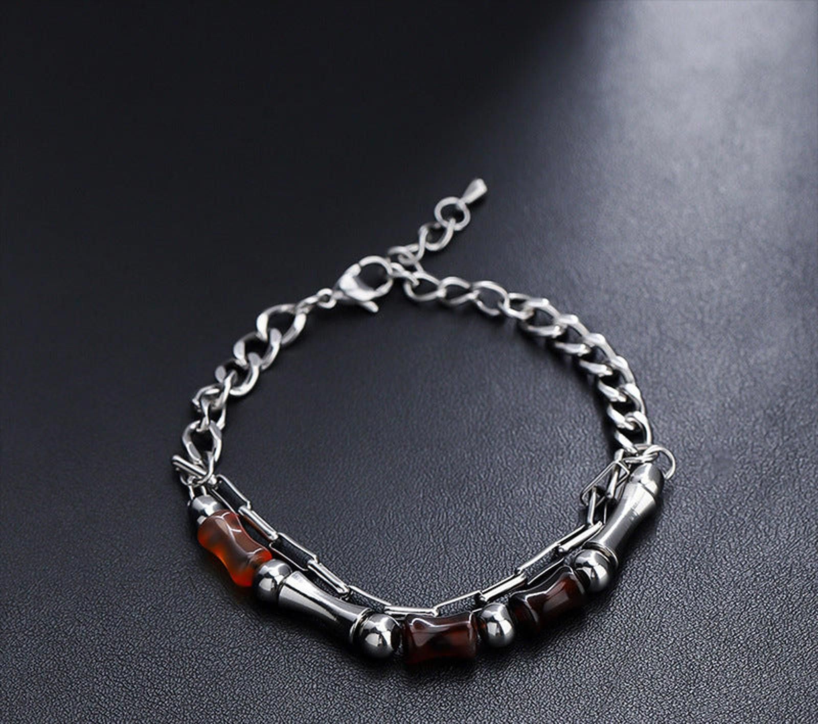 Jewelry Silver Chain Men's Bracelet with Brown Beads Size ONE SIZE - 6 Thumbnail