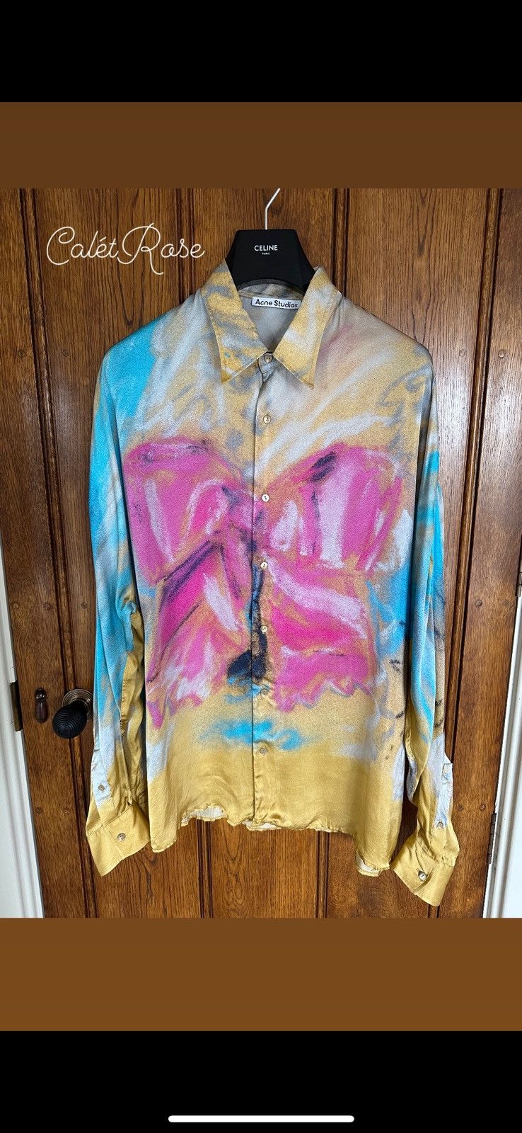 image of Acne Studios Karen Kilimnik Pink Bow Shirt Oversized in Blue Pink Yellow, Men's (Size Large)