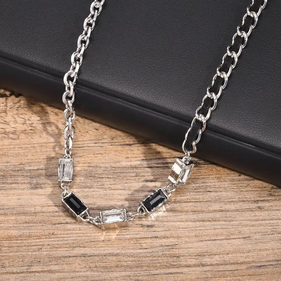 Jewelry Inlay Black White Stone Rolo Chain Collar Necklace Size ONE SIZE - 1 Thumbnail
