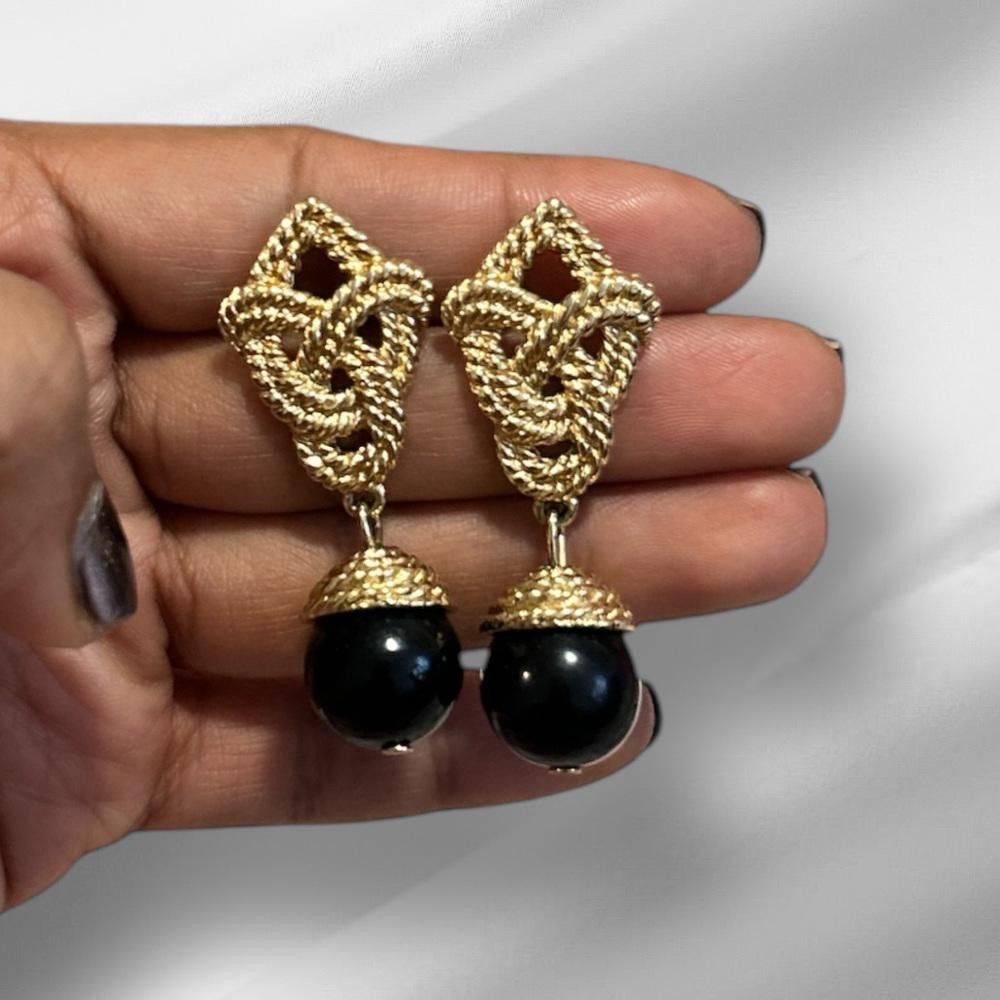 Designer Elegant Gold and Black Drop Earrings Size ONE SIZE - 1 Thumbnail