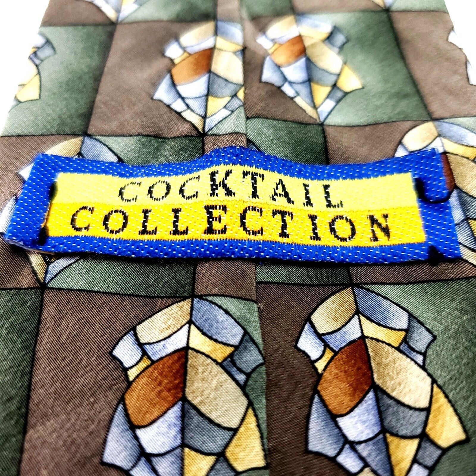 Vintage Cocktail Collection Silk Tie Green Brown Geometric USA Hands Size ONE SIZE - 6 Thumbnail