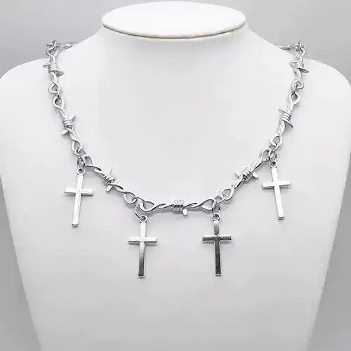 Vintage Barbed Wire Cross Charm Pendant Jewelry Necklace in Silver, Men's