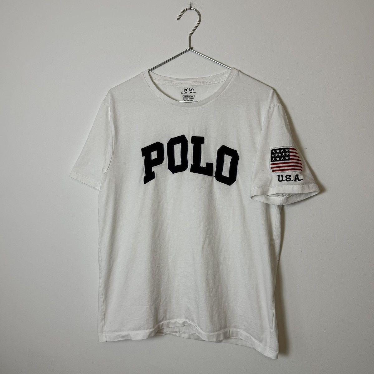 Polo Ralph Lauren Vtg Polo Ralph Lauren Arc Logo USA Flag Patch Tee Size US L / EU 52-54 / 3 - 2 Thumbnail