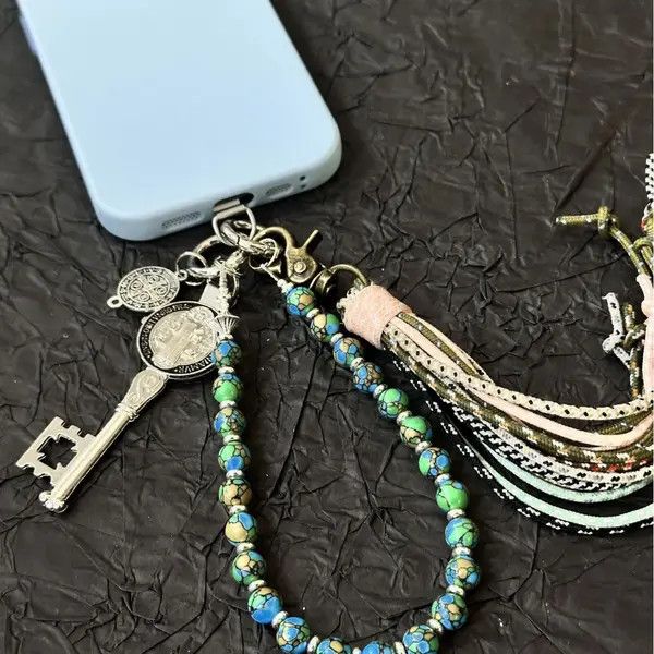 Jewelry Blue Green Beaded Phone Charm, Decorative Keychain Beads Size ONE SIZE - 1 Thumbnail