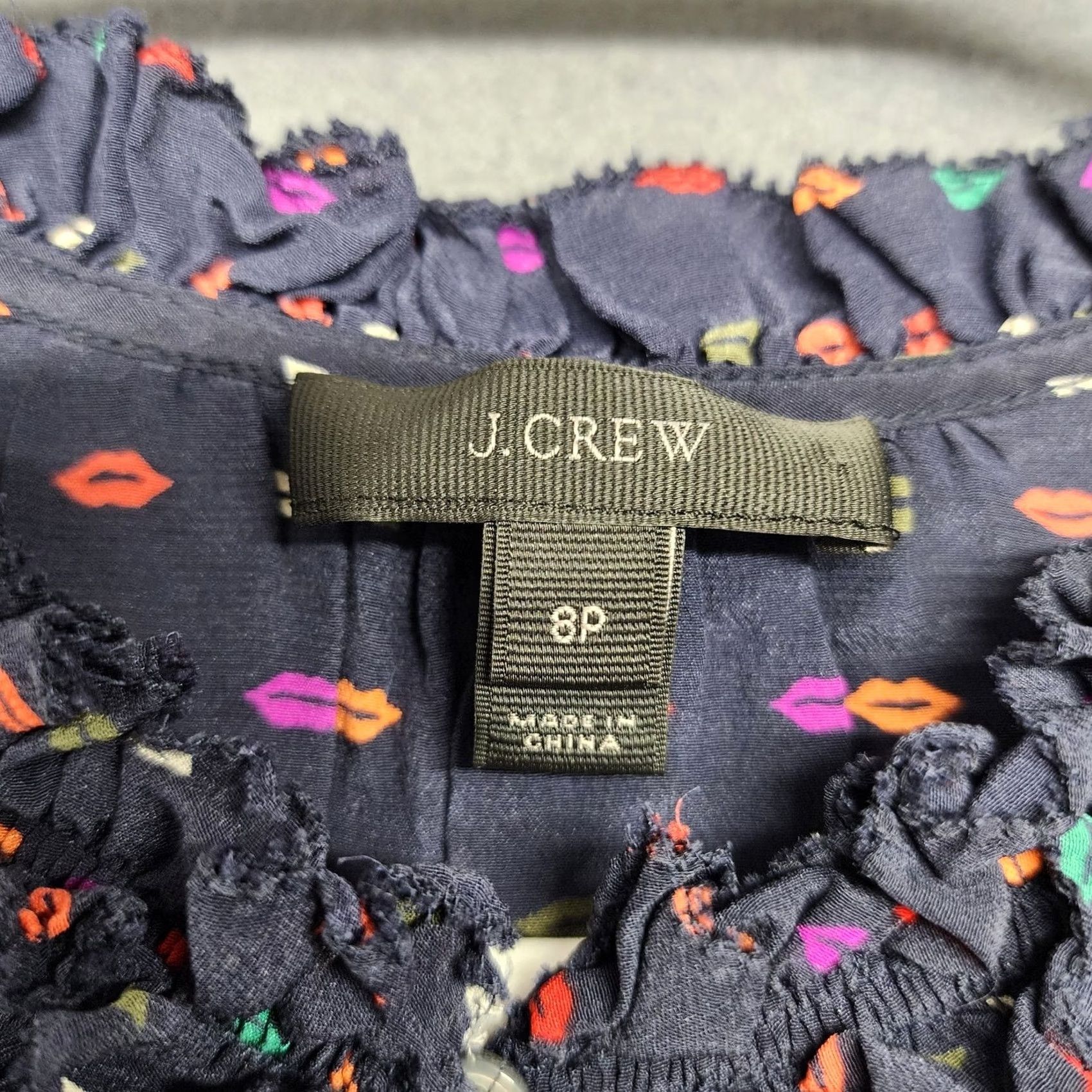 J.Crew J. Crew Blouse Navy Blue Silk Lip Print Long Sleeve 8P Petite Ruffle Button Shirt Womens Size M / US 6-8 / IT 42-44 - 3 Thumbnail