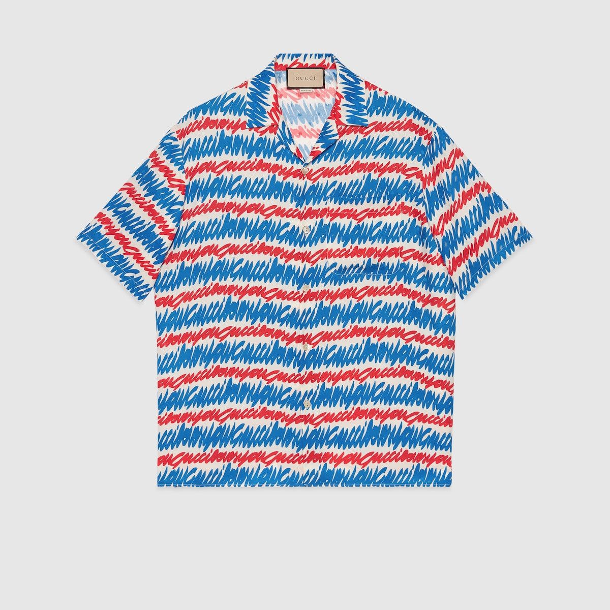 Gucci 48 M Gucci Loves You Print Silk Button Shirt Red Blue White Size US M / EU 48-50 / 2 - 1 Thumbnail