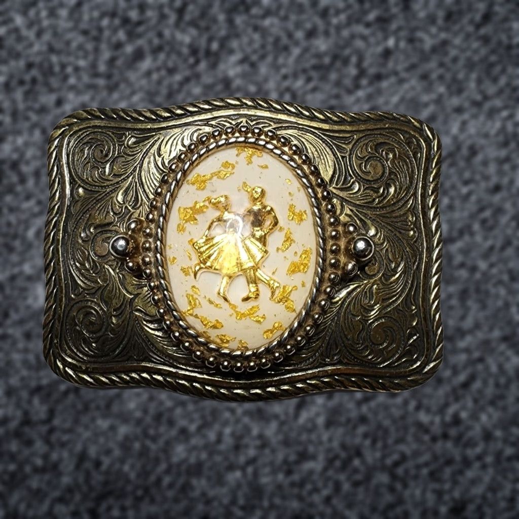 Vintage VINTAGE Square Dance Belt Buckle White With Real Gold Flakes Belt Buckle 1980s Gold Mens/Unisex? Size ONE SIZE - 1 Thumbnail