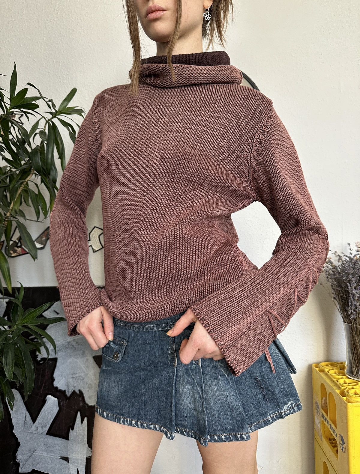 Seditionaries × Vintage Vintage Knit Washed Faded Lace Up Sleeve Turtleneck Sweater Size M / US 6-8 / IT 42-44 - 1 Thumbnail