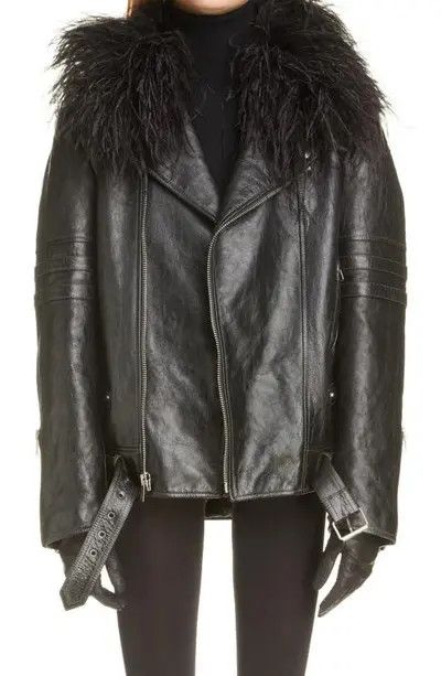 Saint Laurent Paris o1b1hav110924 Biker Jacket in Leather and Feathers in Noir Size M / US 6-8 / IT 42-44 - 2 Thumbnail