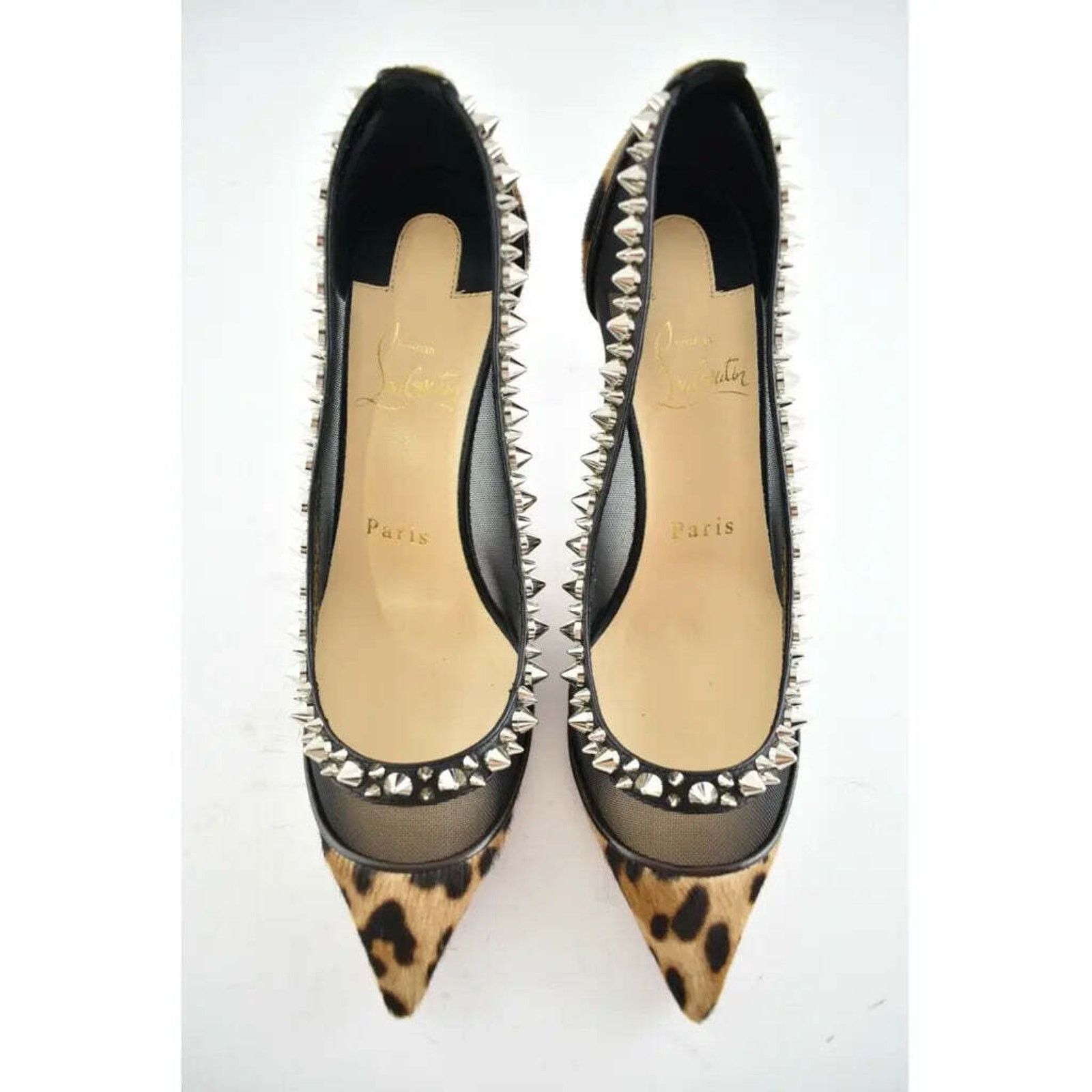 Christian Louboutin Galativi Spikes 85 Black Leopard Mesh Pointed Heel Pump 38 Size US 8 / IT 38 - 7 Thumbnail