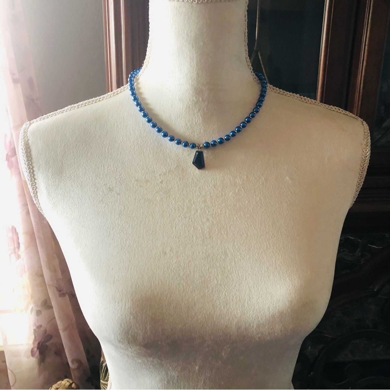 Handmade Handcrafted repurpose blue geometric glass Pearl necklace Size ONE SIZE - 5 Thumbnail
