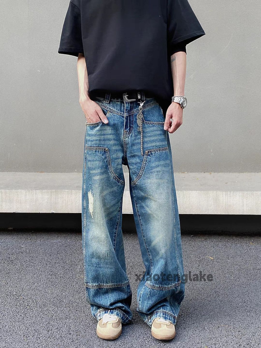 Jean Unisex washed faded loose baggy skate carpenter jeans Size US 32 / EU 48 - 5 Thumbnail