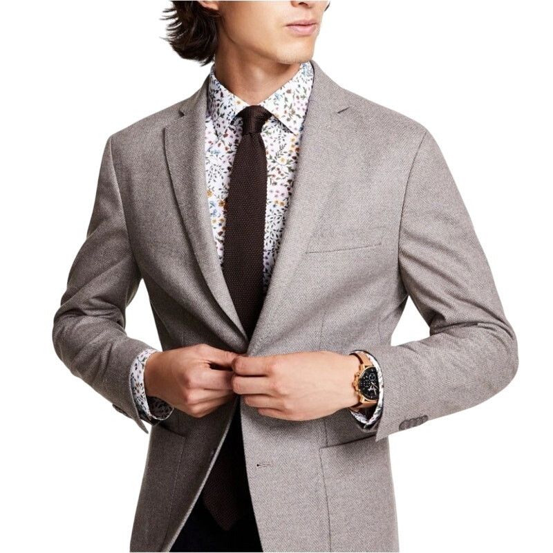 Bar III Bar III Men's Tan Herringbone Knit Slim Suit Jacket Size 40S Size 40S - 2 Thumbnail