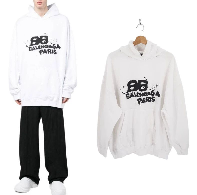 Balenciaga Balenciaga White Destruction Graffiti Logo Hoodie Size US M / EU 48-50 / 2 - 1 Thumbnail