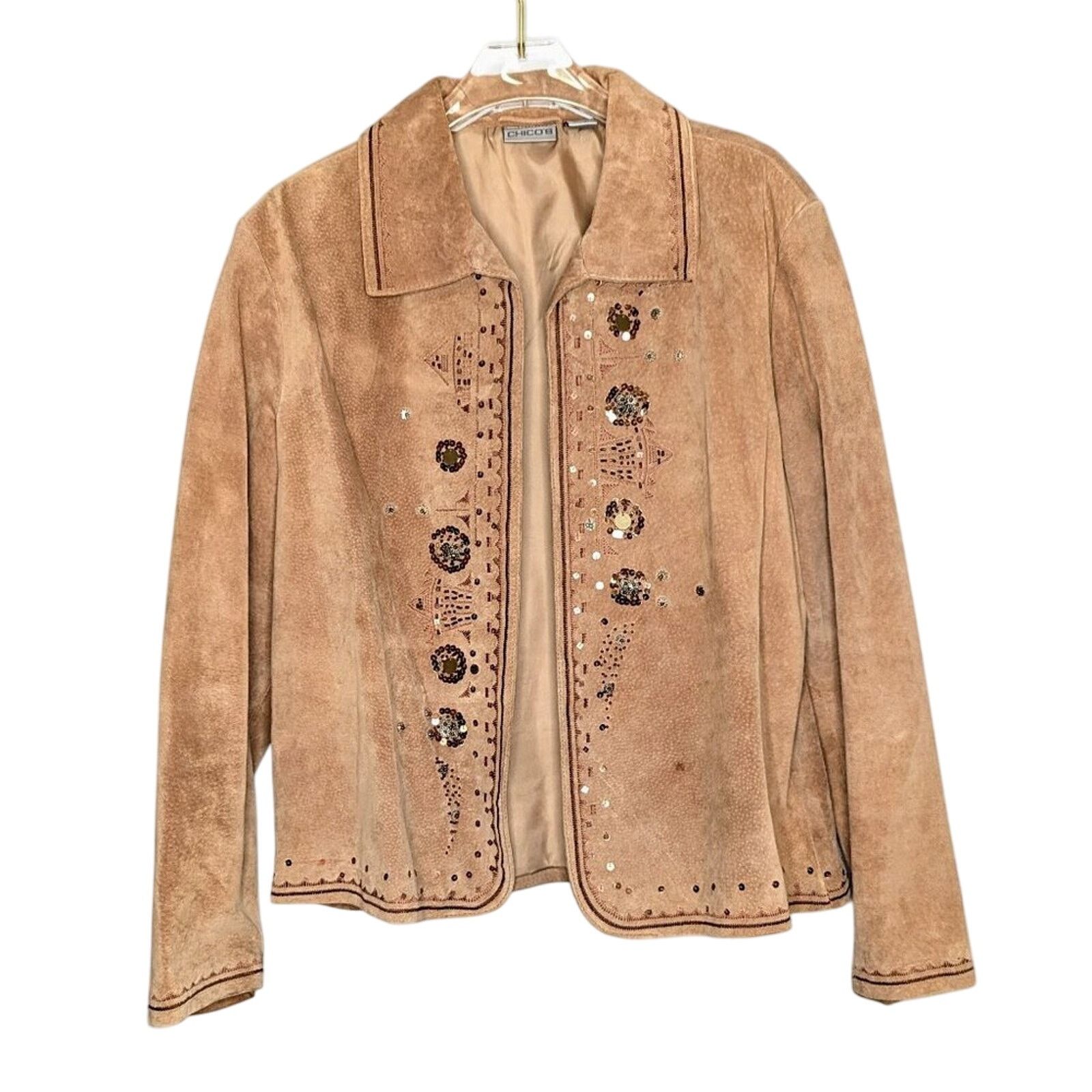 Chicos Chico's Vintage Tan Suede Long Sleeve Open Front Jacket Size L / US 10 / IT 46 - 1 Thumbnail