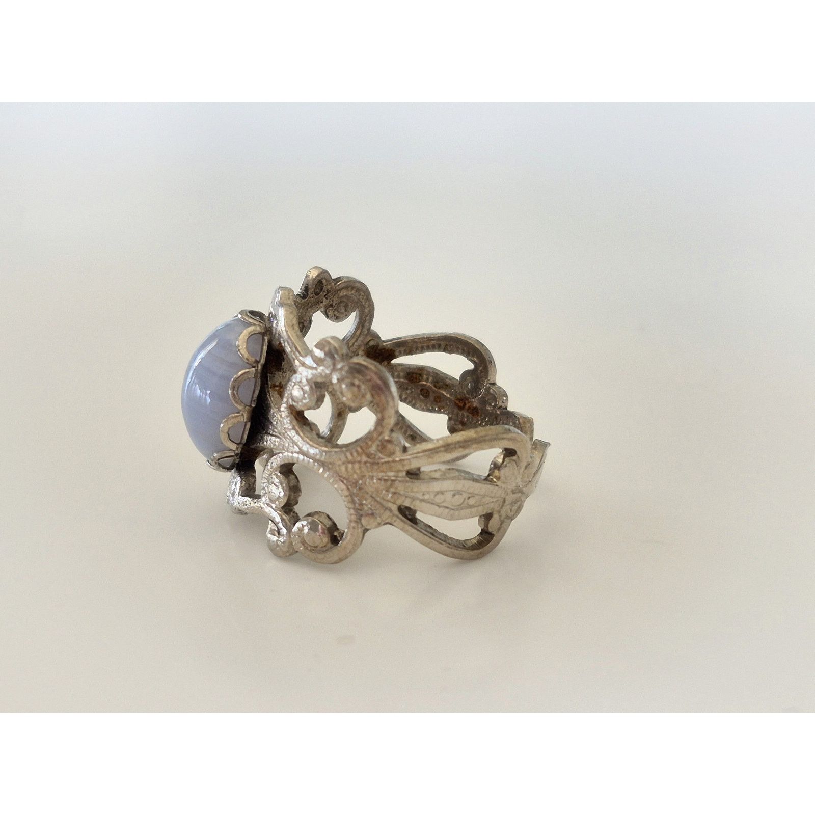 Other Vintage Blue Lace Agate Silver tone Filigree Ring Size ONE SIZE - 3 Thumbnail