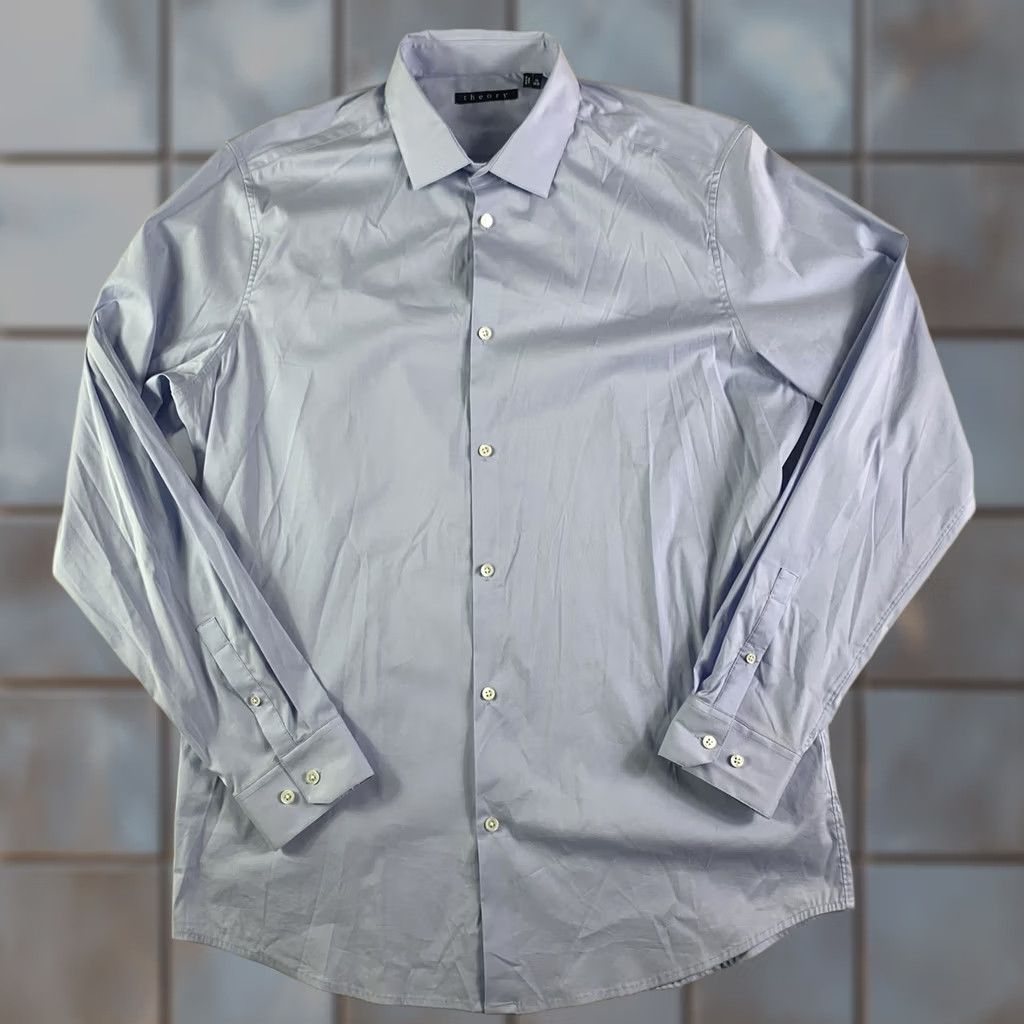 Theory Theory Button Up Shirt Mens 17L 34-35 Blue Long Sleeve Cotton Spandex Stretch Knit Nylon Cotton Blend Regular Collar Button-Front Brand Theory Mens Size US XL / EU 56 / 4 - 1 Thumbnail