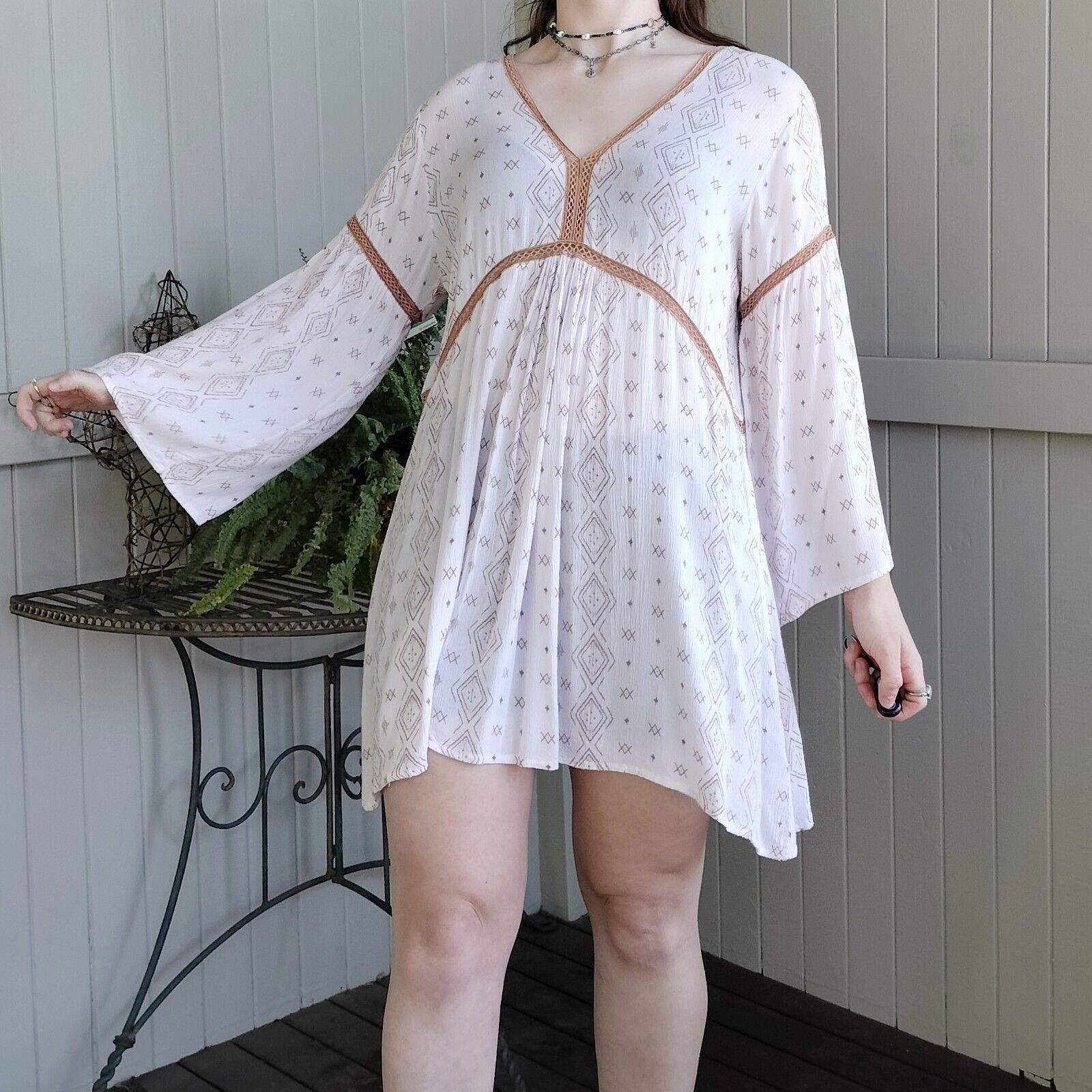 Designer Talisman Dress Tunic Pleated Bell Sleeve Shift Hippie Summer Size XL / US 12-14 / IT 48-50 - 4 Thumbnail