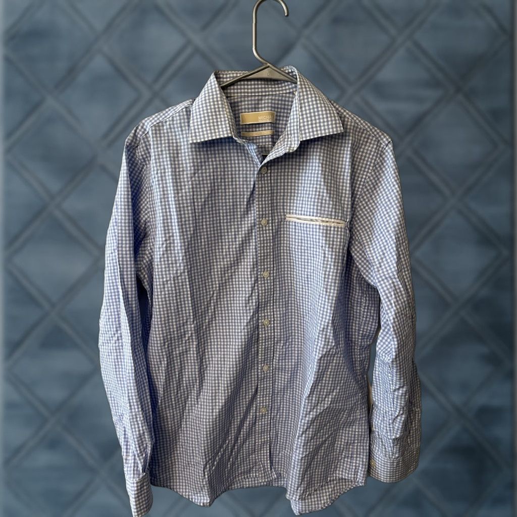 Michael Kors Michael Kors Button-Front Shirt Mens Regular Fit Blue Gingham No Iron Long Sleeve 15.5 Men Size US M / EU 48-50 / 2 - 1 Thumbnail