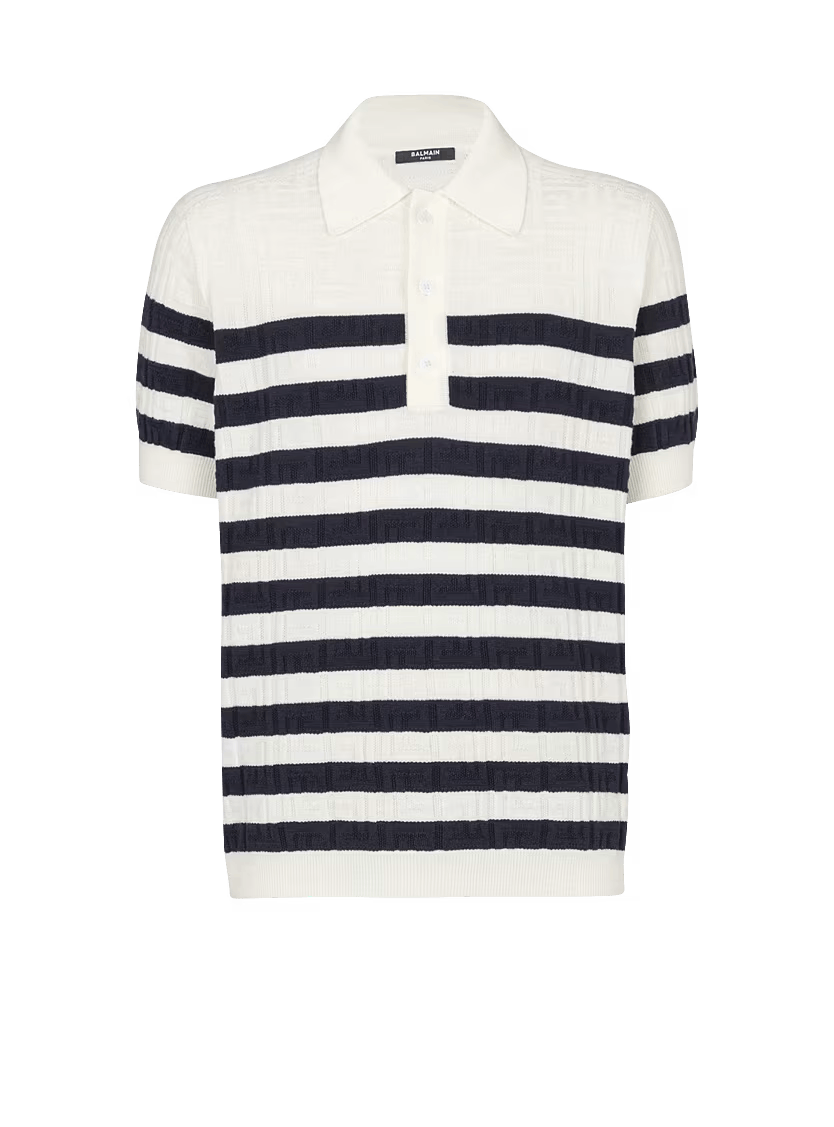 Balmain o1s1wg110126 Striped Knit Polo in White/Black Size US XL / EU 56 / 4 - 1 Thumbnail