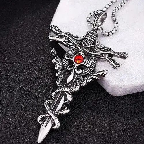 Jewelry Y2k Double Dragon Sword Titanium Steel Necklace Size ONE SIZE - 1 Preview
