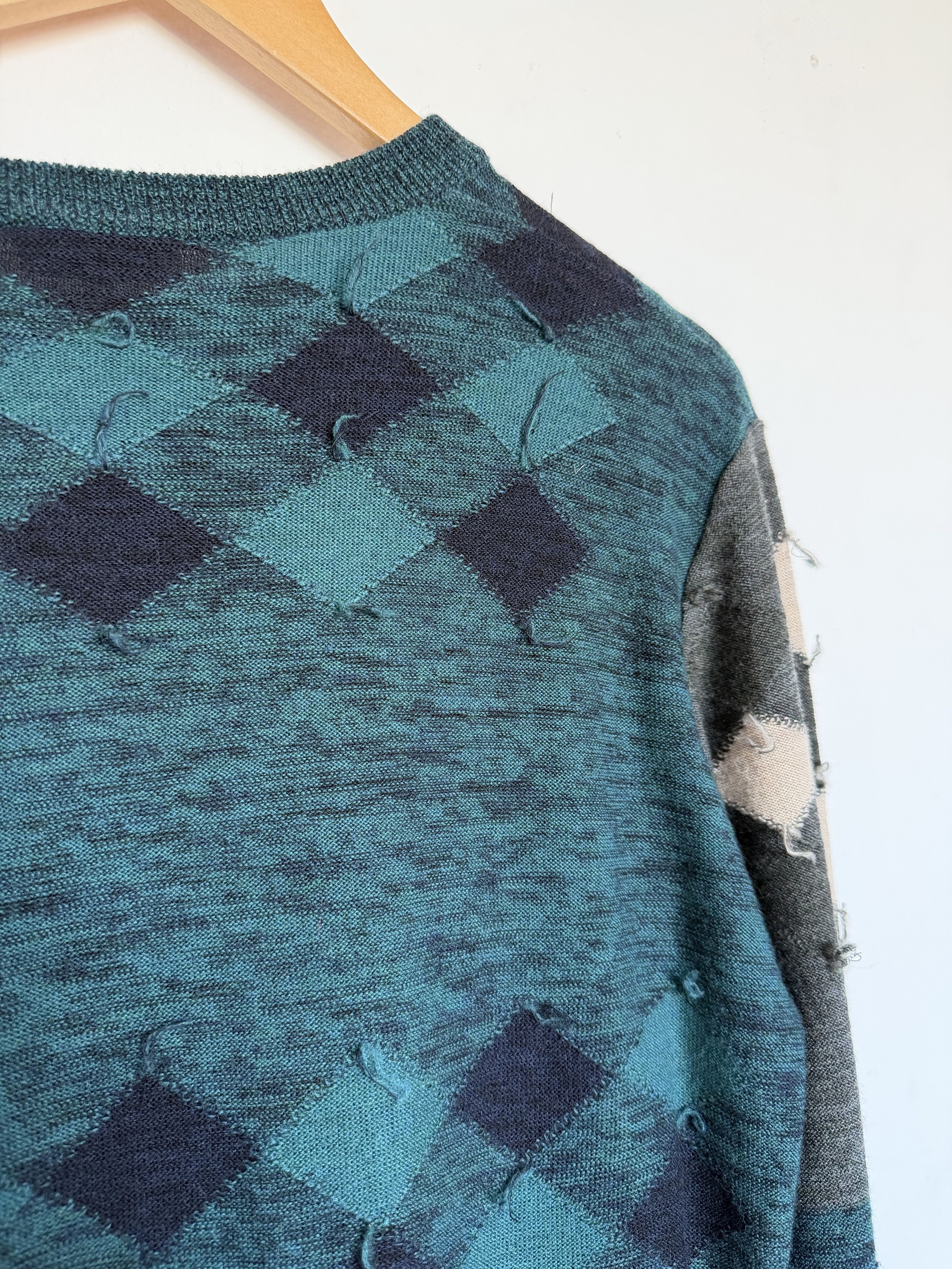 Lanvin Lanvin Distressed Argyle Patchwork Wool Sweater Green L Size US L / EU 52-54 / 3 - 6 Thumbnail