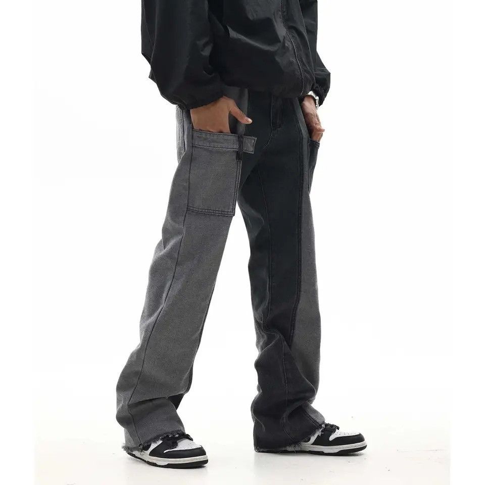 image of Distressed Denim Color Match Patchwork Baggy Denim Pant in Black, Men's (Size 33)