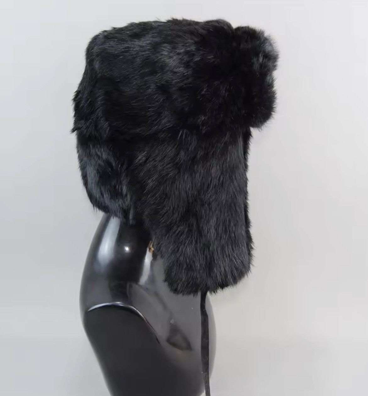 Japanese Brand Size M Luxury Black Rabbit Fur Trapper Hat – Unisex Winter Size ONE SIZE - 2 Thumbnail