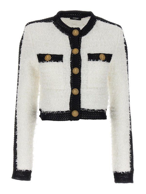 Balmain o1s1wg110825 Logo Button Tweed Short Jacket in Black/White Size M / US 6-8 / IT 42-44 - 1 Thumbnail