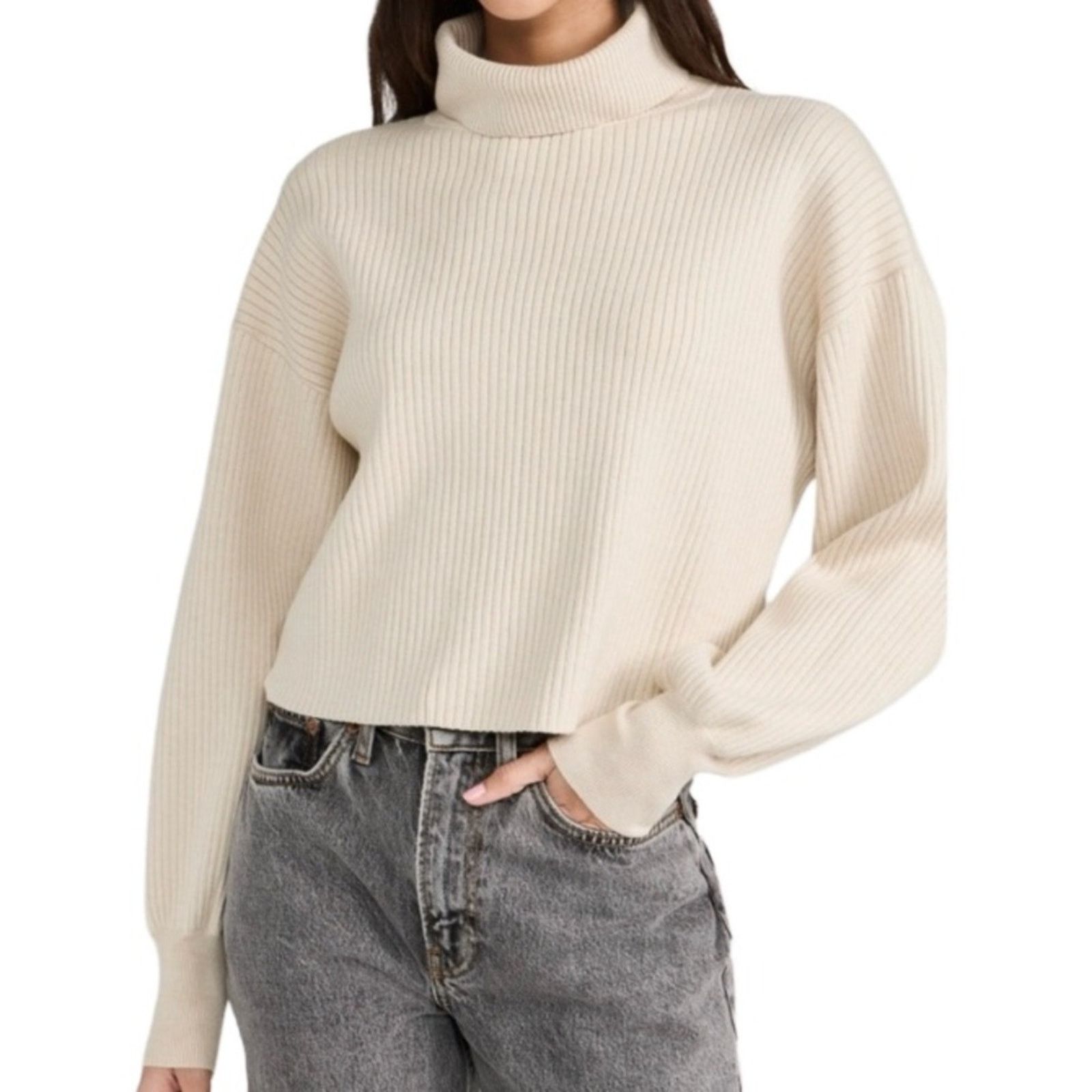 Good American Good American Wide Rib Mock Neck Crop Sweater - Oatmeal Size XS / US 0-2 / IT 36-38 - 1 Thumbnail