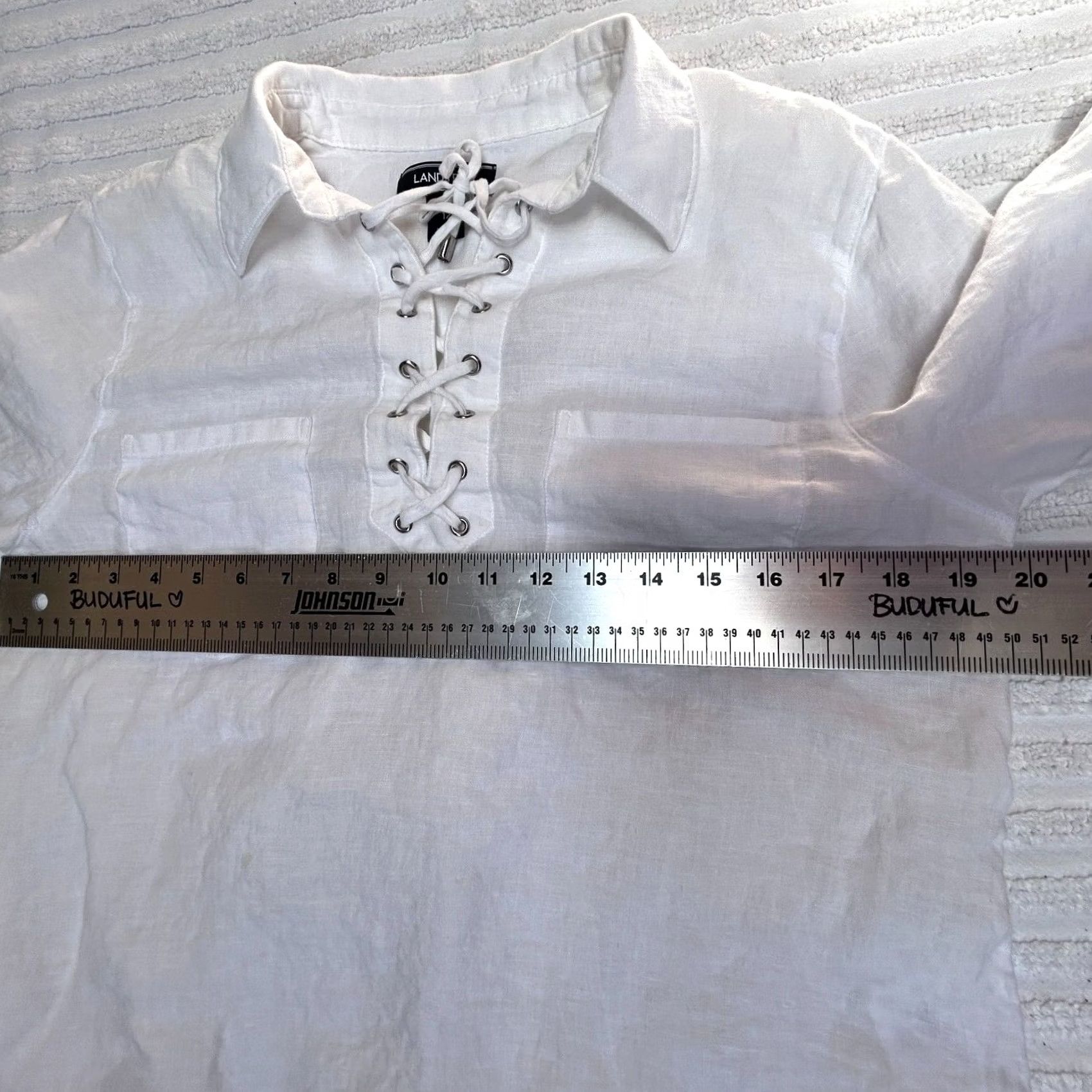 Lands' End Lands' End White 100% Linen Lace-Up Long Sleeve Blouse Top Shirt Sz 12 Pockets Size XL / US 12-14 / IT 48-50 - 6 Thumbnail