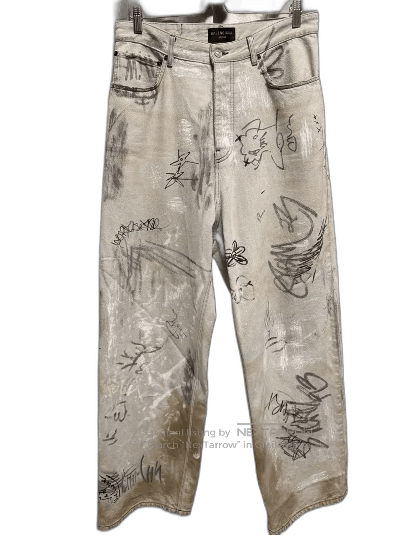 Balenciaga Graffiti Distressed Loose Denim Pants.