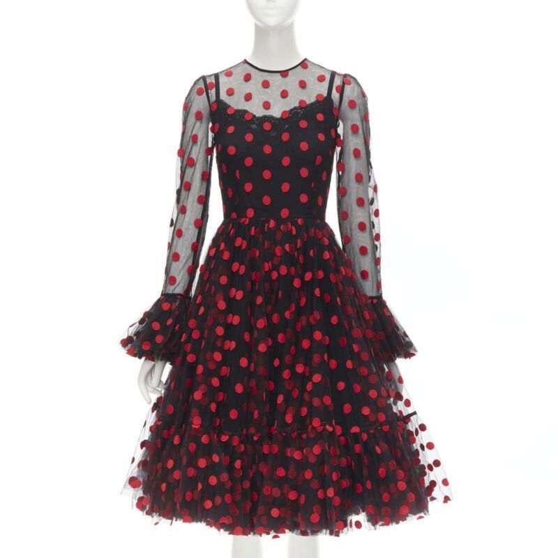 Dolce & Gabbana DOLCE GABBANA black red polka dot embroidered tulle flared dress IT40 S Size S / US 4 / IT 40 - 1 Thumbnail