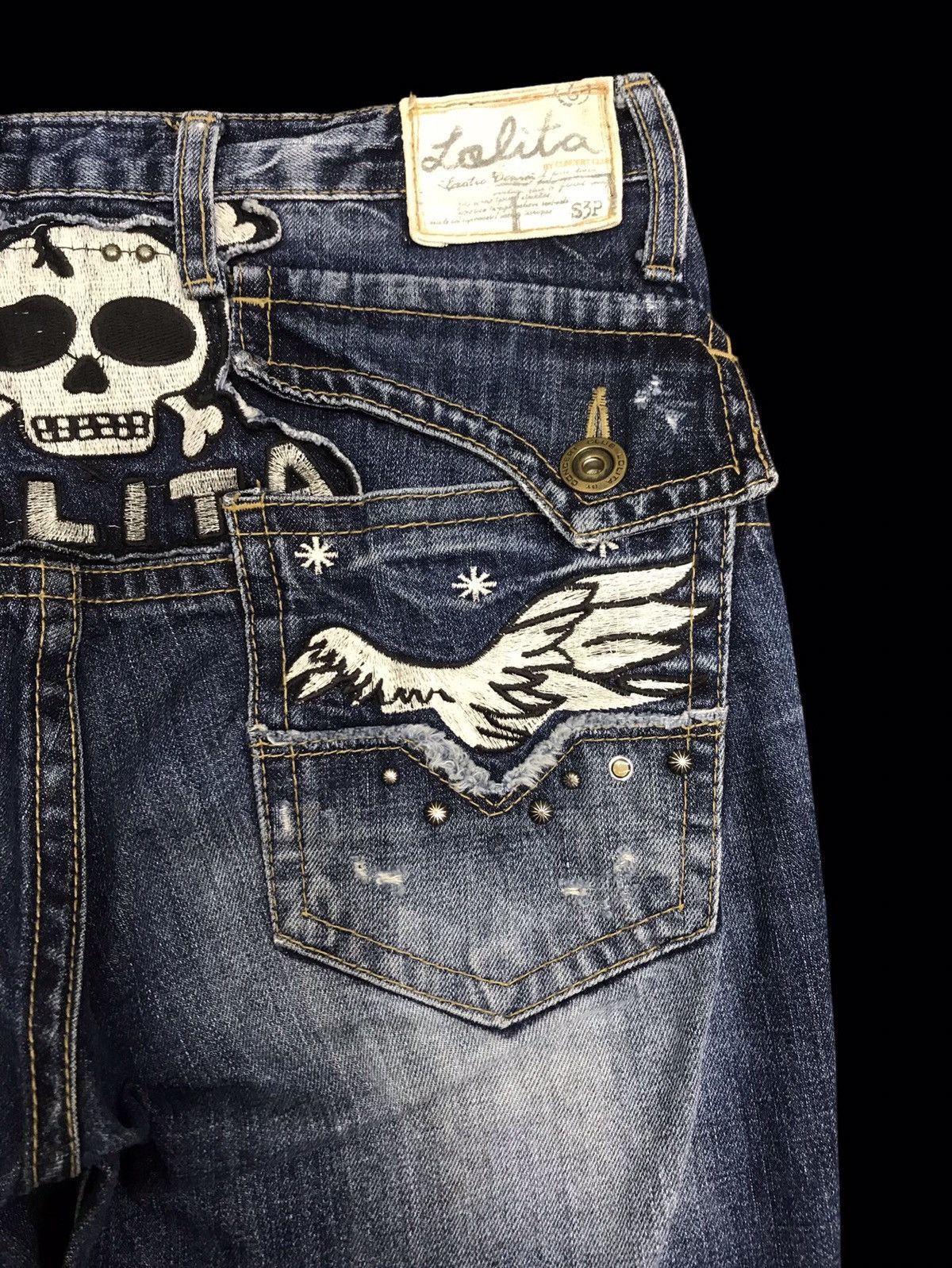 Seditionaries 💥VERY RARE💥LOLITA FLYING SKULL EMBROIDERY DENIM F384 Size US 31 - 12 Thumbnail