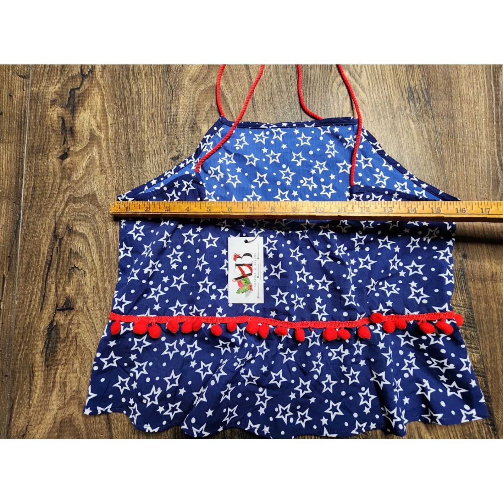 Vintage America & Beyond Juniors Tank Shirt Patriotic Stars Red White Blue M Sleeveless Halter Open Fringe Pupoms? Size M / US 6-8 / IT 42-44 - 2 Thumbnail