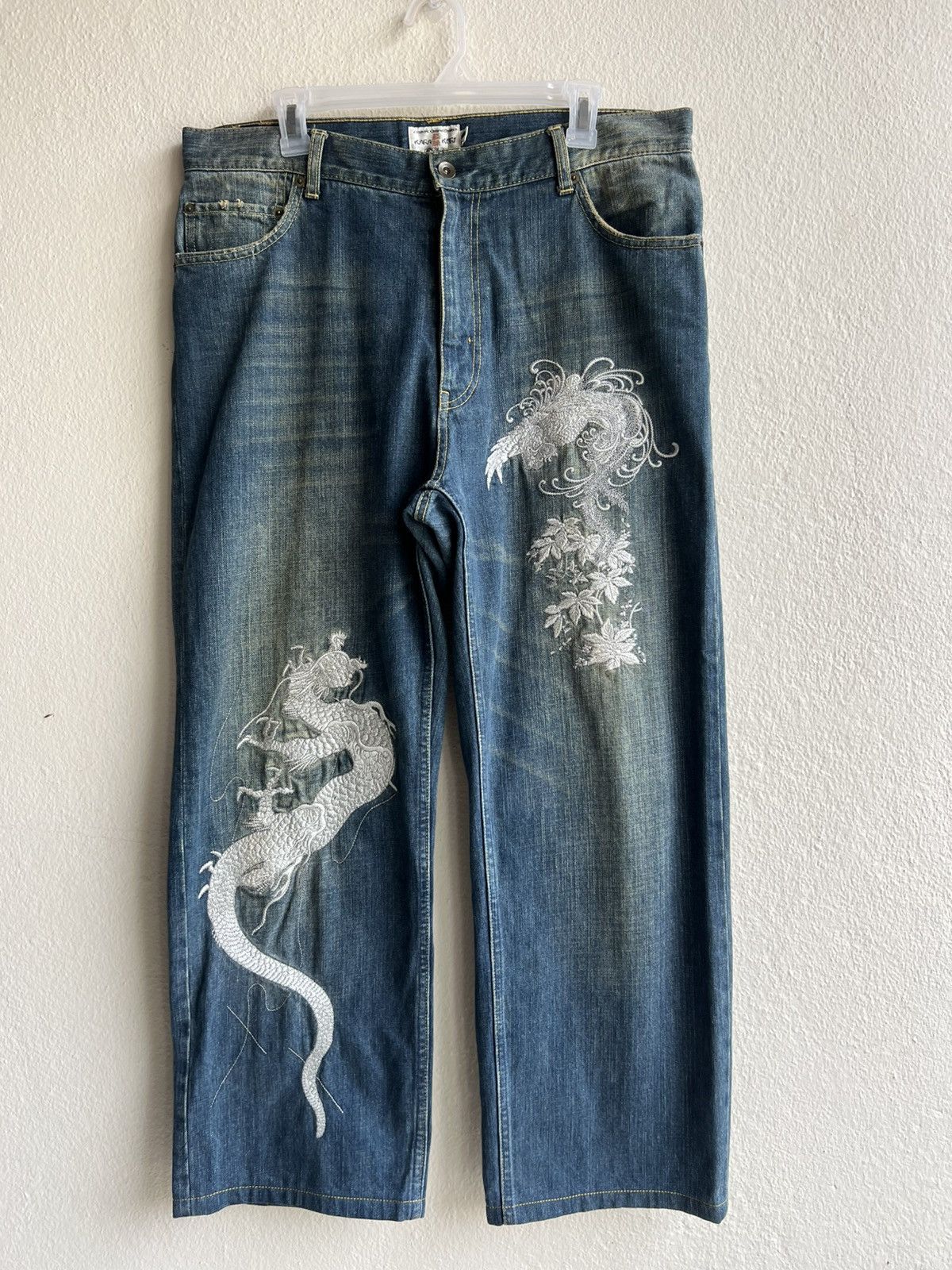 Vintage Dirty Mud Karakuri Embroidery Dragon Phoenix Denim Jeans Size US 35 - 22 Thumbnail