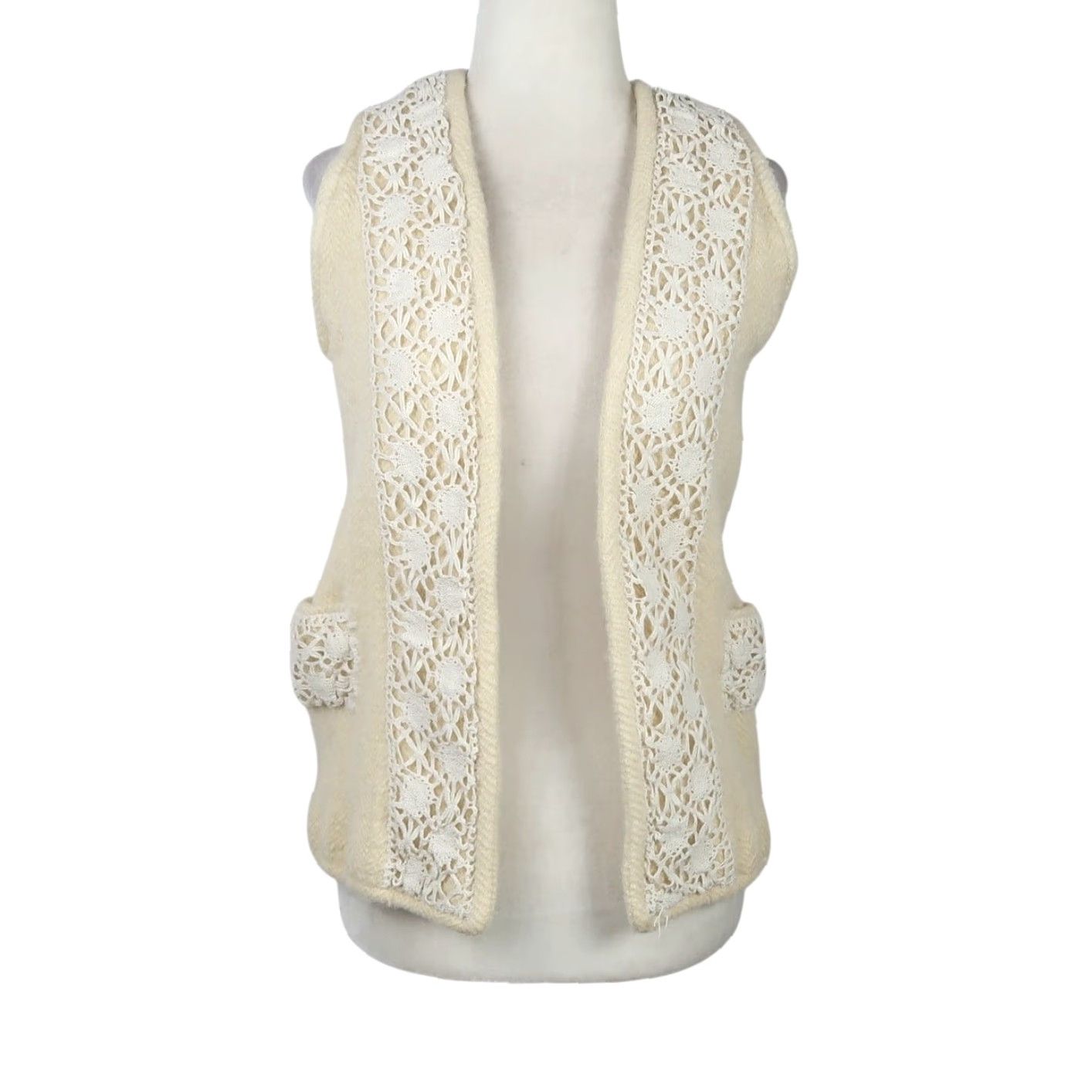 Vintage VINTAGE Cream Wool Vest Small Bohemian Crochet Trim Women Sleeveless Casual Fall Winter Size S / US 4 / IT 40 - 2 Thumbnail