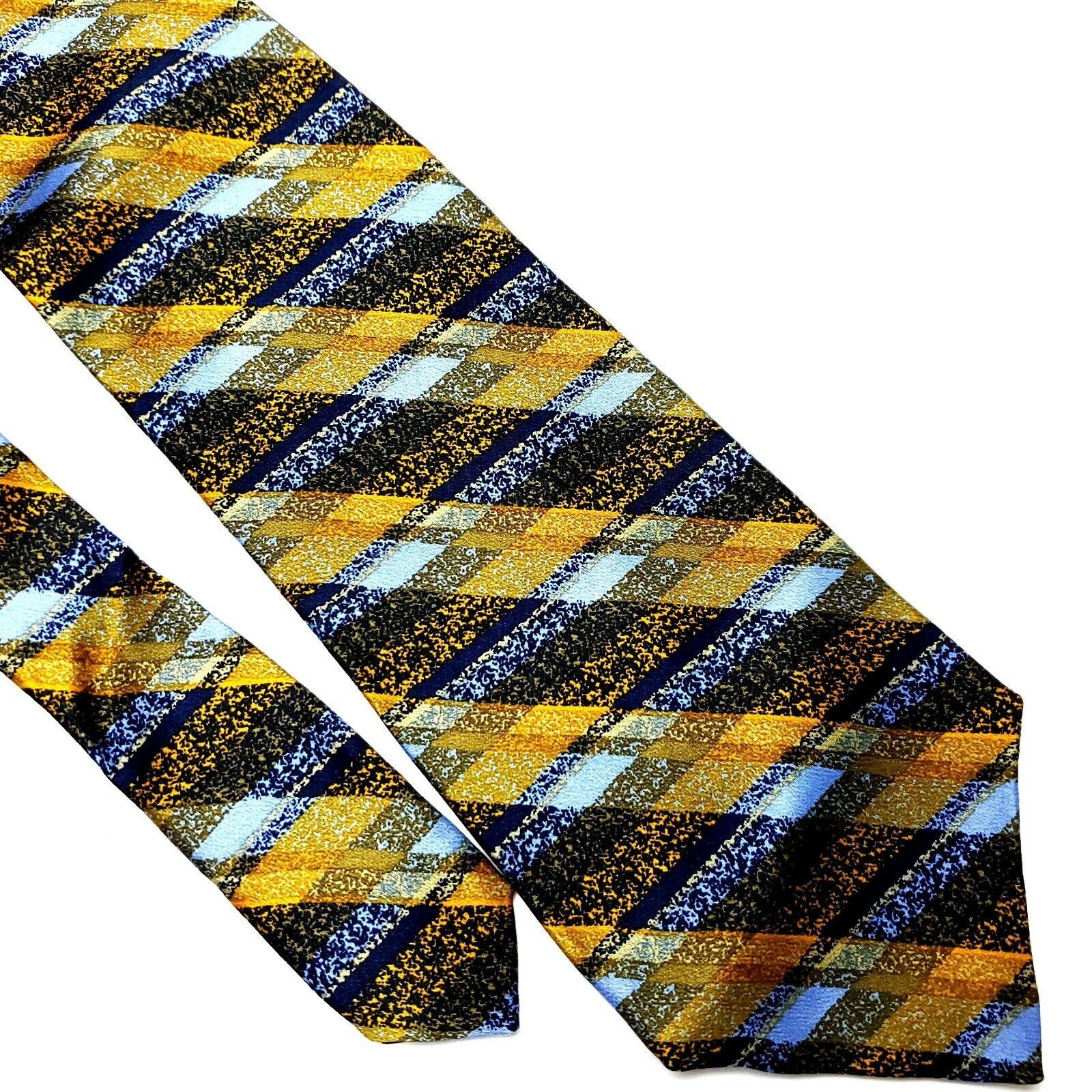 Jhane Barnes Jhane Barnes Silk Tie Print Yellow Blue Plaid Short Wide Size ONE SIZE - 1 Thumbnail
