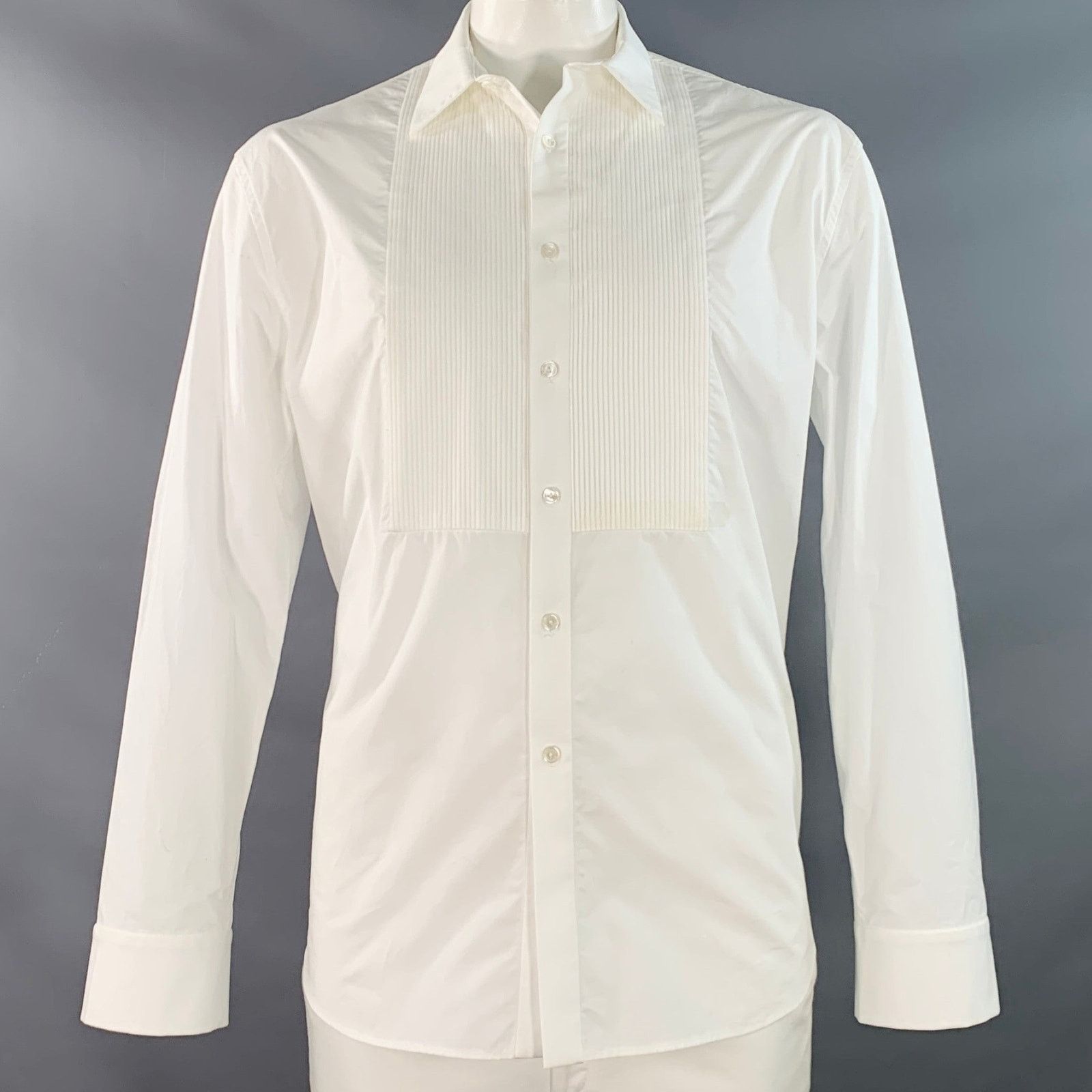 White Cotton Pleated Bib Tuxedo Long Sleeve Shirt