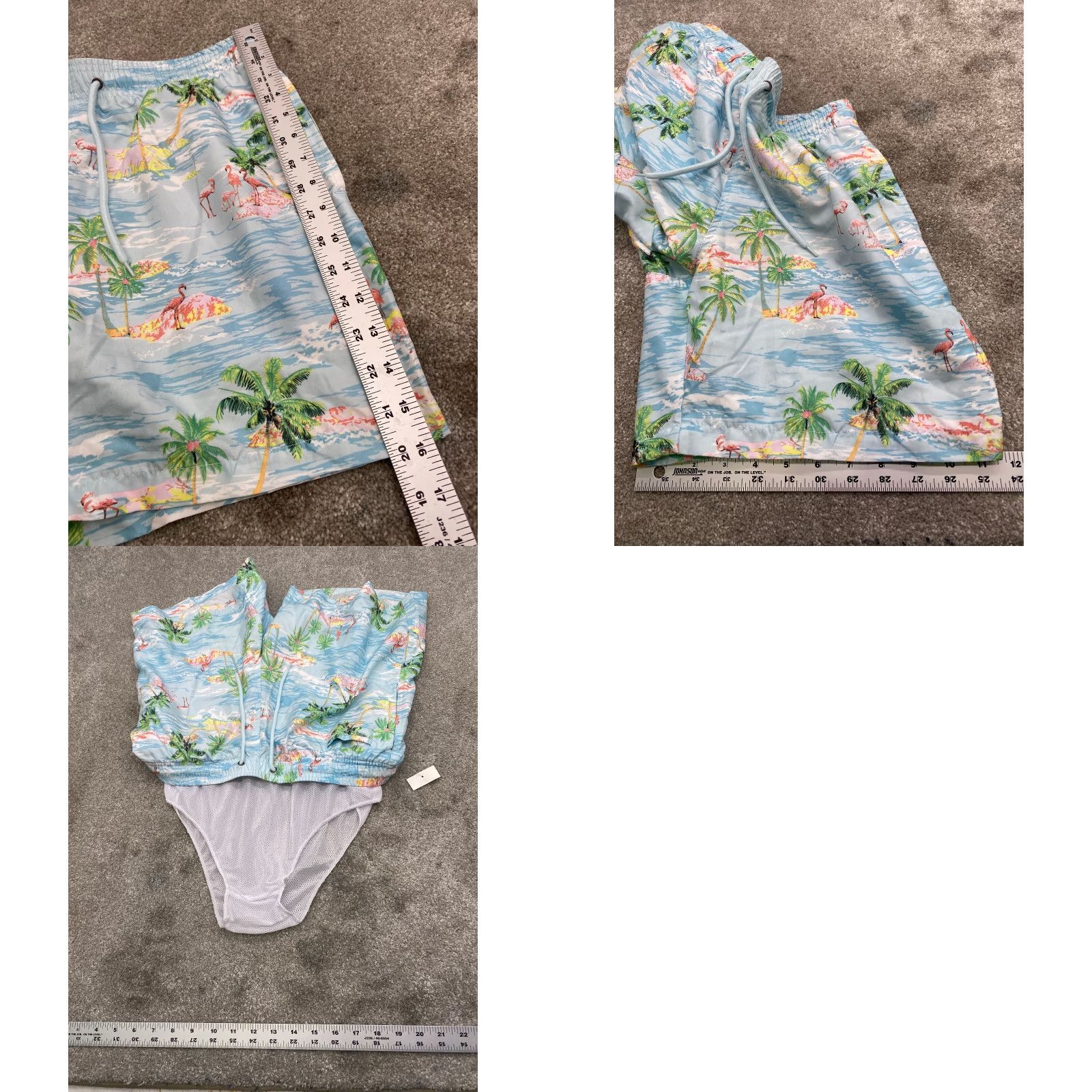 Vintage NWT Free Planet Flamingo Surf Swim Trunks Mens M Lt Blue Tropical Island Beach Size US 31 - 9 Thumbnail
