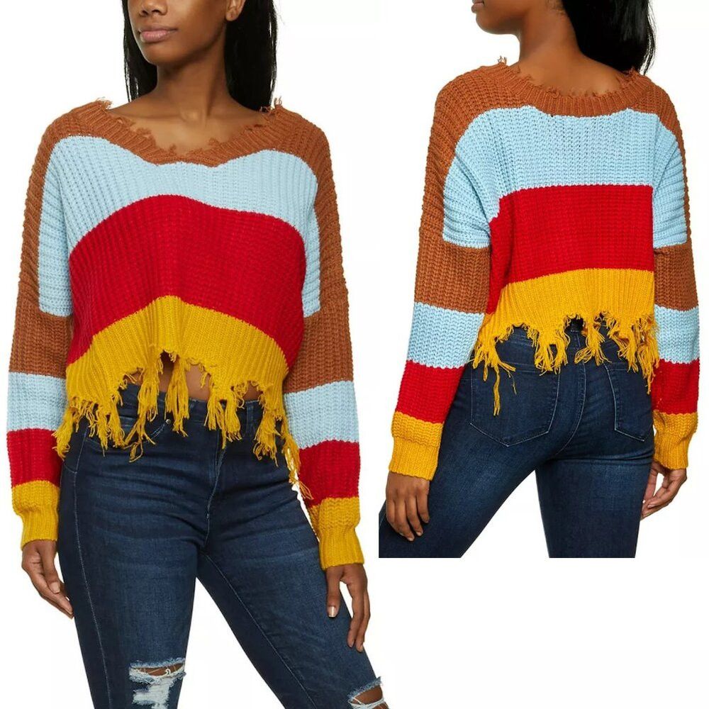 Other Love J Striped Striped Cropped Distressed Sweater Size S Size S / US 4 / IT 40 - 1 Thumbnail