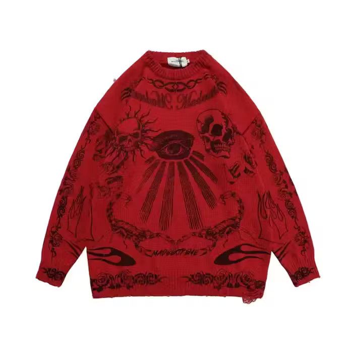 image of Vintage Skulls Knitted Sweater Pullover in Red, Men's (Size Large)