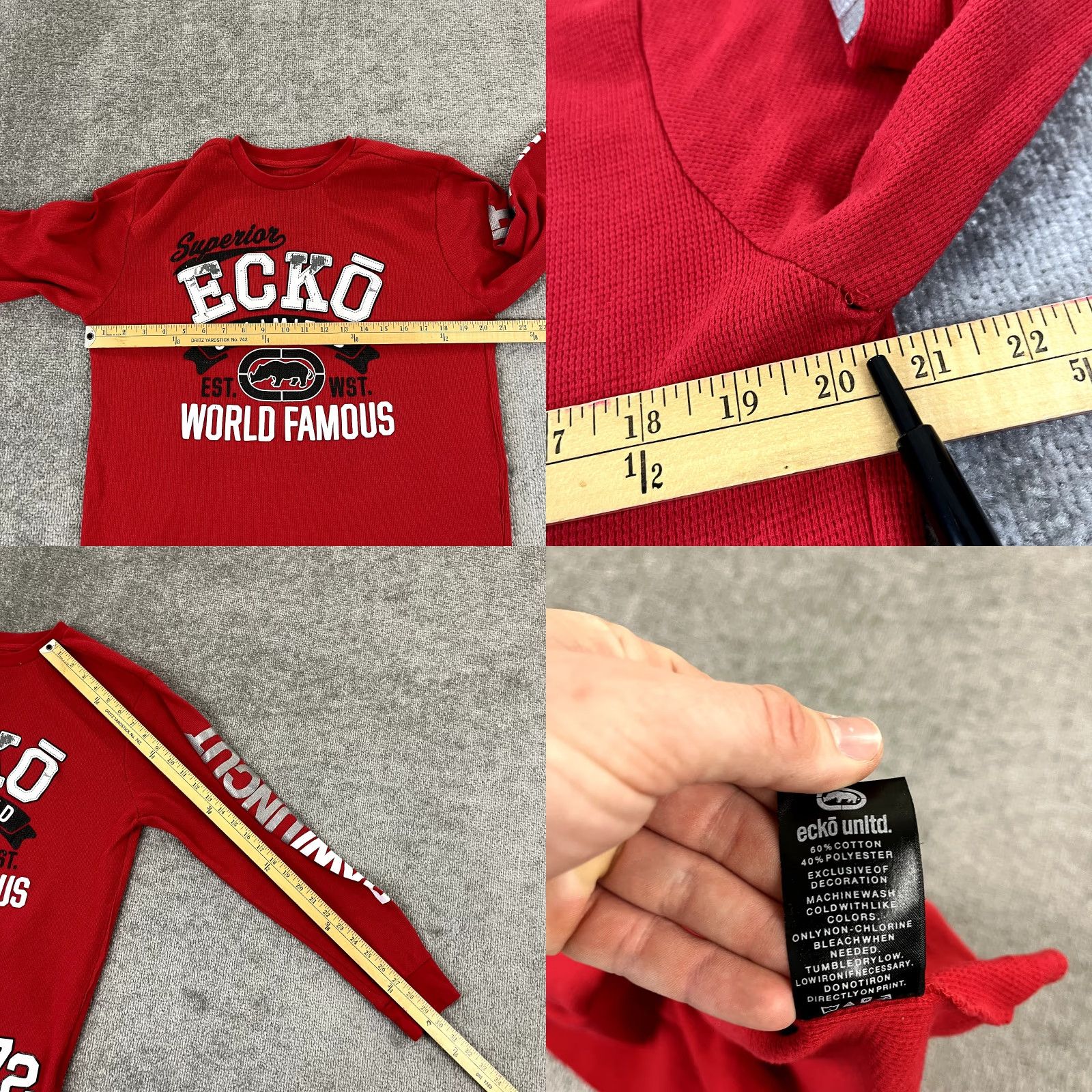 Ecko Unltd. VINTAGE ECKO UNLTD Shirt Mens L/XL Red Waffle Thermal Knit Skate Y2K Grunge Spellout Size US XL / EU 56 / 4 - 8 Thumbnail