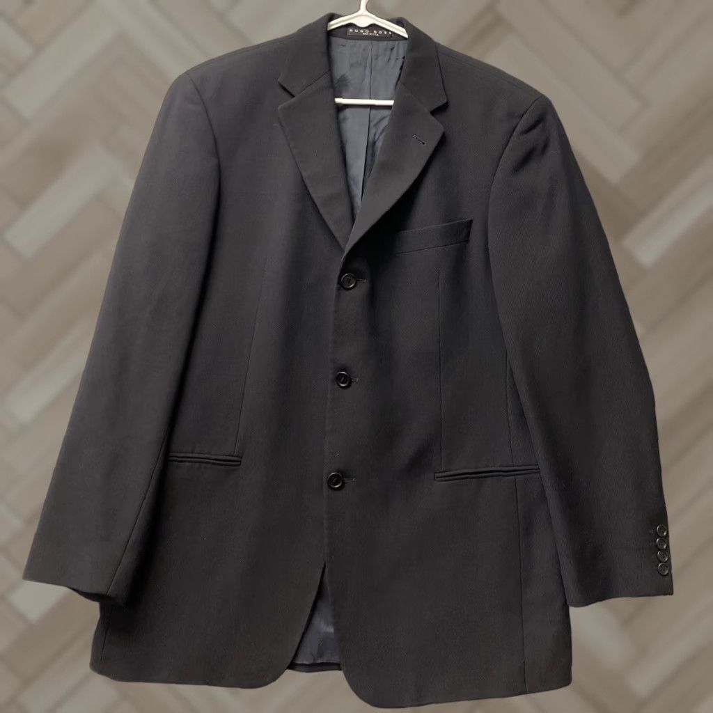 Hugo Boss VINTAGE Hugo Boss Blazer Mens 40R Knit Wool Black Three-Button Notch Lapel Single-Breasted Chest 42 Made USA Mens Size 40R - 1 Thumbnail